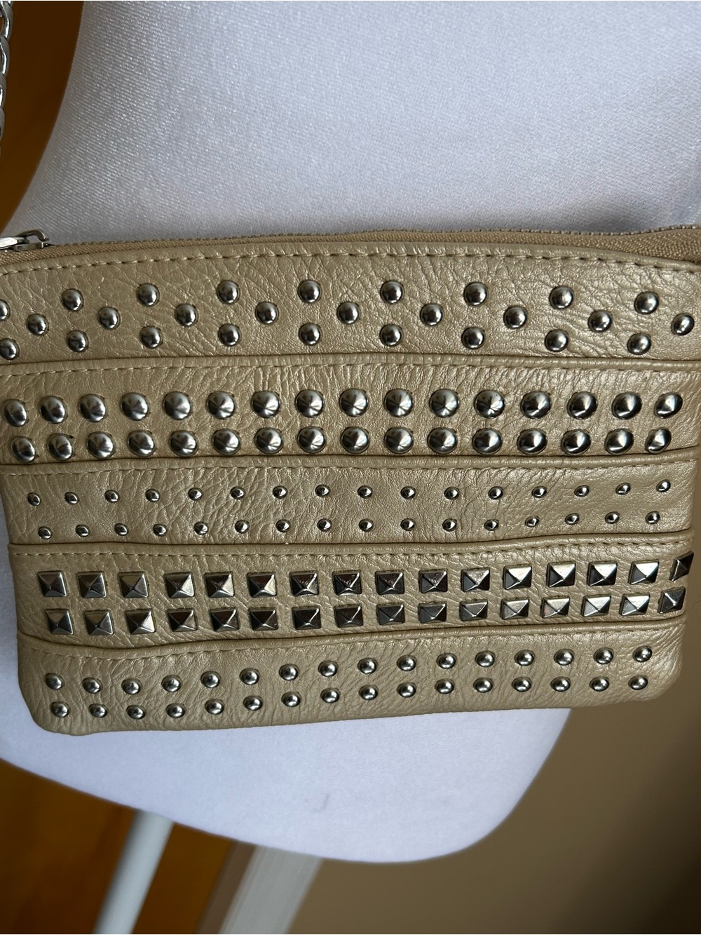 Amiana Champagne/Tan Studded Crossbody Bag with Silver Hardware/Studs